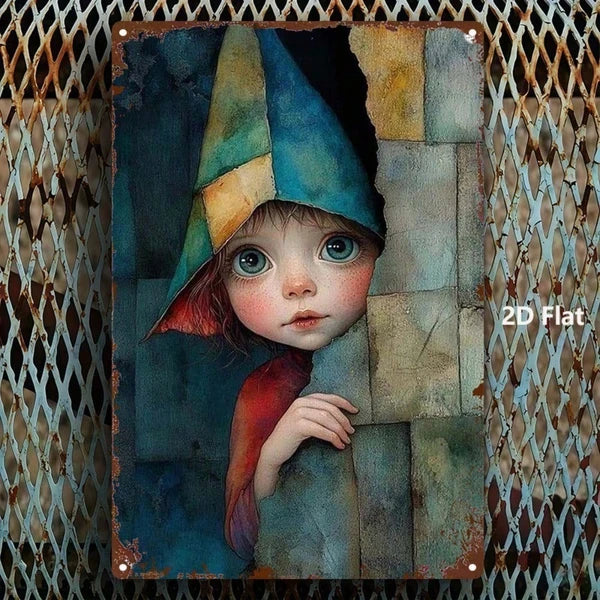 1pc Vintage Fairy-Tale Elf Metal Wall Art, Blue Pink Hair Green Hat Iron Sign - view 3