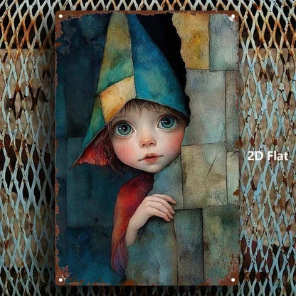 1pc Vintage Fairy-Tale Elf Metal Wall Art, Blue Pink Hair Green Hat Iron Sign - view 3