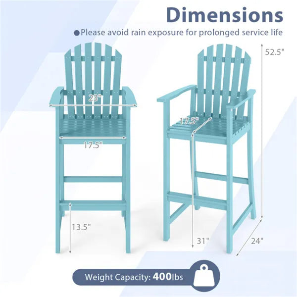 31" Seat Height Outdoor Bar Stool, Slatted Design Ergonomic Tall Chair For 40"-43" Bar Table-Turquoise - view 2