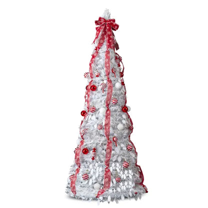 7 FT Fully Decorated Pre-lit Christmas Tree, Pop Up Artificial Xmas Tree With 170 Warm Lights And Red Ornaments