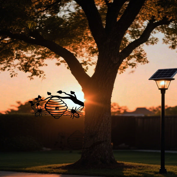 Sunny Yellow Honeycomb Iron Wall Art Outdoor Bee And Tree Silhouette Garden Hanging Decor For Patio Yard Backyard - view 4