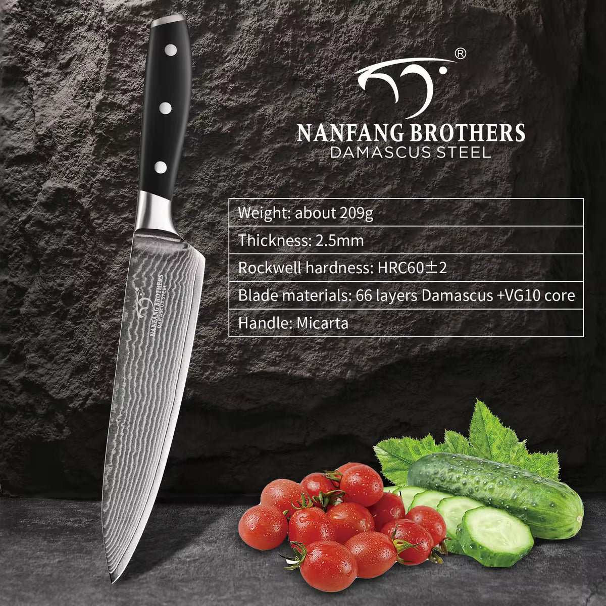 In Stock 8-inch Premium Damascus Steel 67-layer Kitchen Chef Sashimi Knife With ABS Handle, Three Rivets, Gift Box - view 2