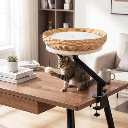 360° Rotatable Desktop Cat Bed Perch, 2-in-1 Workspace Cat Retreat With Jingling Ball (Natural + Black + White) - view 3