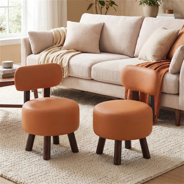 2-Piece Orange Small Footstools, Faux Leather Upholstery & Solid Rubber Wood Legs, 330LBS Load Capacity - view 3