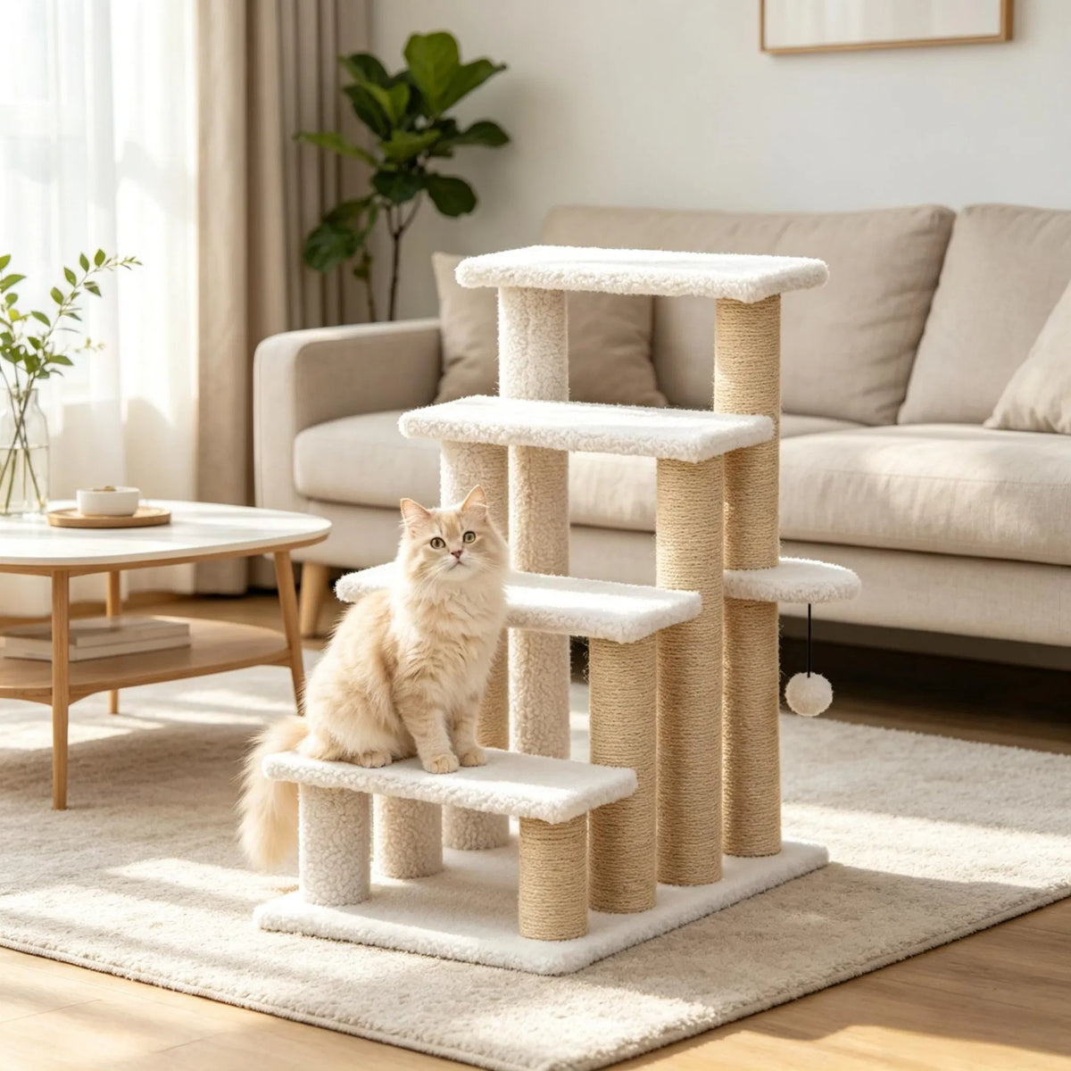 4 Levels Cat Steps with Scratching Posts for High Bed, Sofa, Non-slip Sturdy Pet Climbing Ladder for Indoor Cats, White - view 6