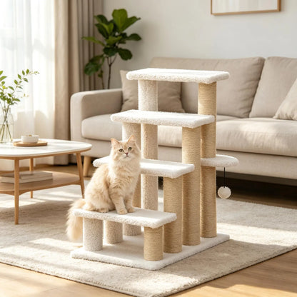 4 Levels Cat Steps with Scratching Posts for High Bed, Sofa, Non-slip Sturdy Pet Climbing Ladder for Indoor Cats, White - view 6