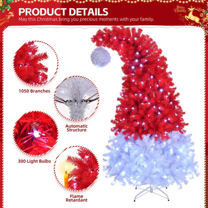 6 FT Santa Hat Style Pre-lit Christmas Tree, Hinged Artificial Xmas Tree Pine Tree With 300 Lights - view 2