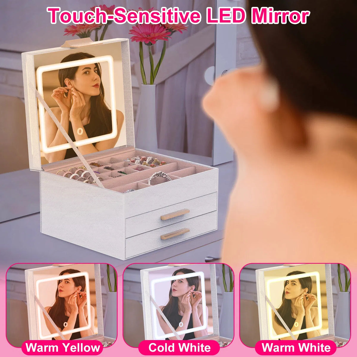 Jewelry Box With LED Mirror 3-Layer Jewelry Organizer With 2 Drawers PU Jewelry Holder With 3 Mirror Light Colors - view 3