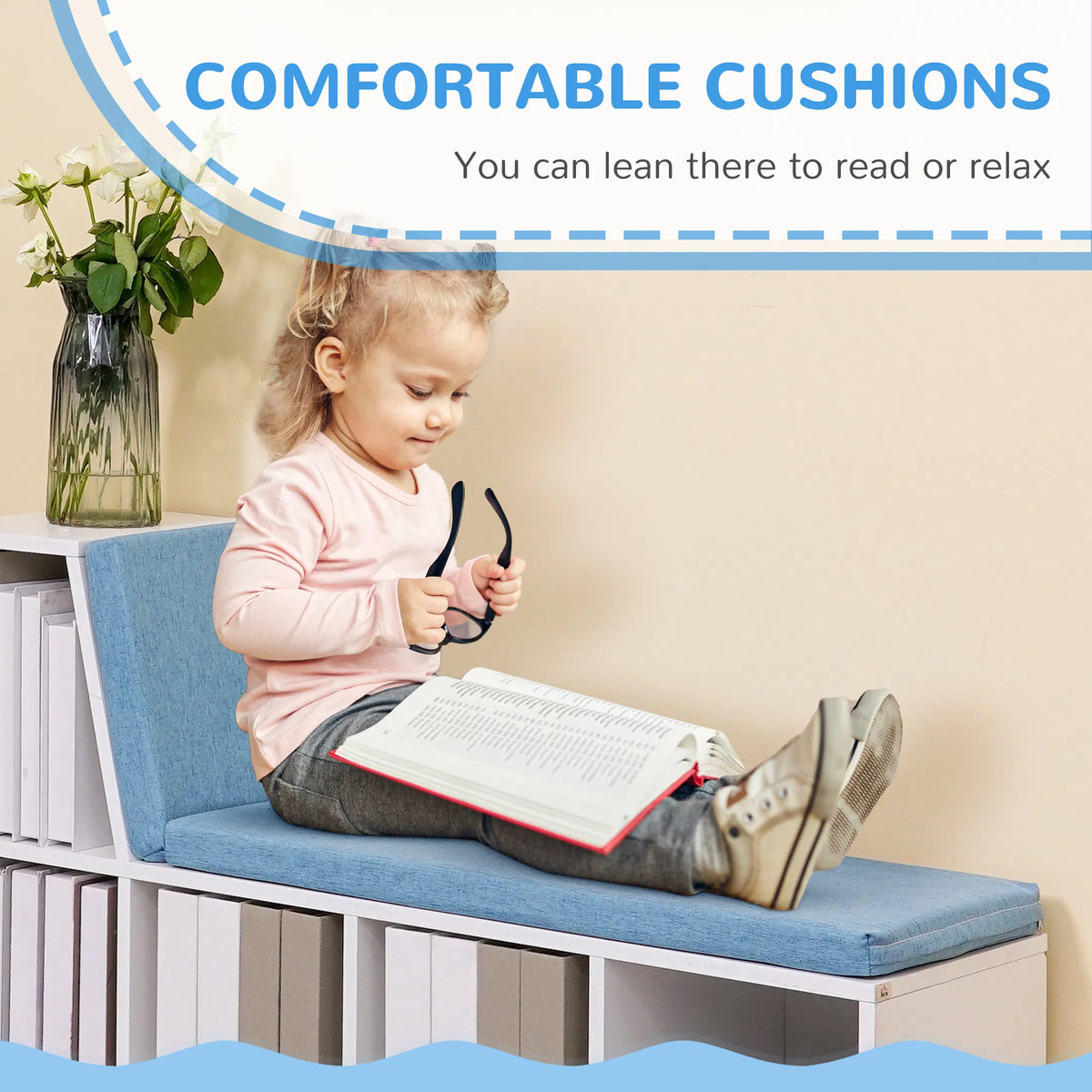 Multi-Purpose Bookshelf with 5 Cubes, 5-Cubby Bookcase with Cushioned Reading Nook and Storage Shelves, Blue - view 2