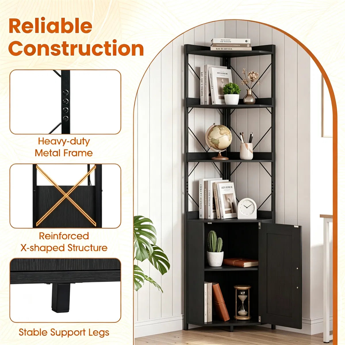 Freestanding Corner Display Shelf, Black Engineered Wood & Metal Bookcase with Concealed Cabinet - view 4