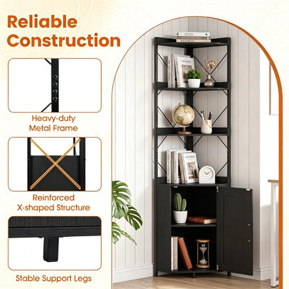 Freestanding Corner Display Shelf, Black Engineered Wood & Metal Bookcase with Concealed Cabinet - view 4