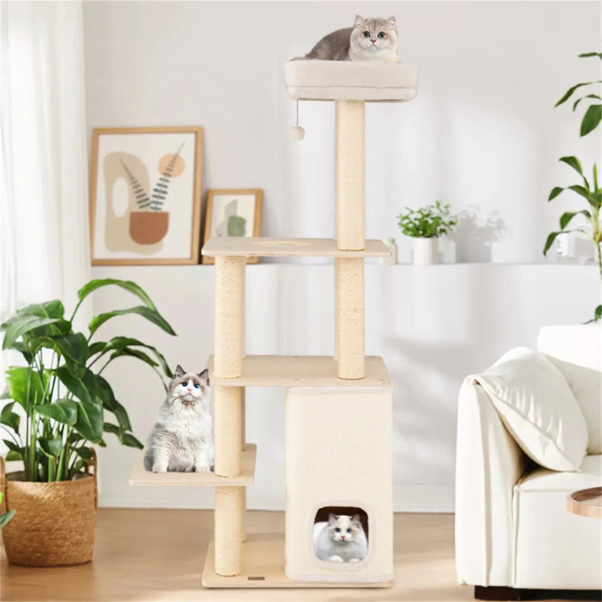 63" Wooden Cat Tree - 2-Story Condo with Bamboo Interior, 5 Sisal Scratching Posts, 44 lbs Per Layer Capacity - view 2