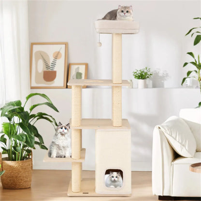 63" Wooden Cat Tree - 2-Story Condo with Bamboo Interior, 5 Sisal Scratching Posts, 44 lbs Per Layer Capacity - view 2