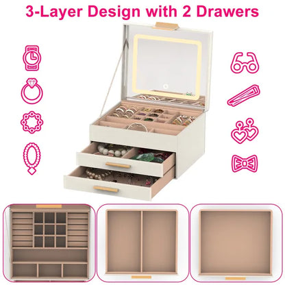 Jewelry Box With LED Mirror 3-Layer Jewelry Organizer With 2 Drawers PU Jewelry Holder With 3 Mirror Light Colors - view 4