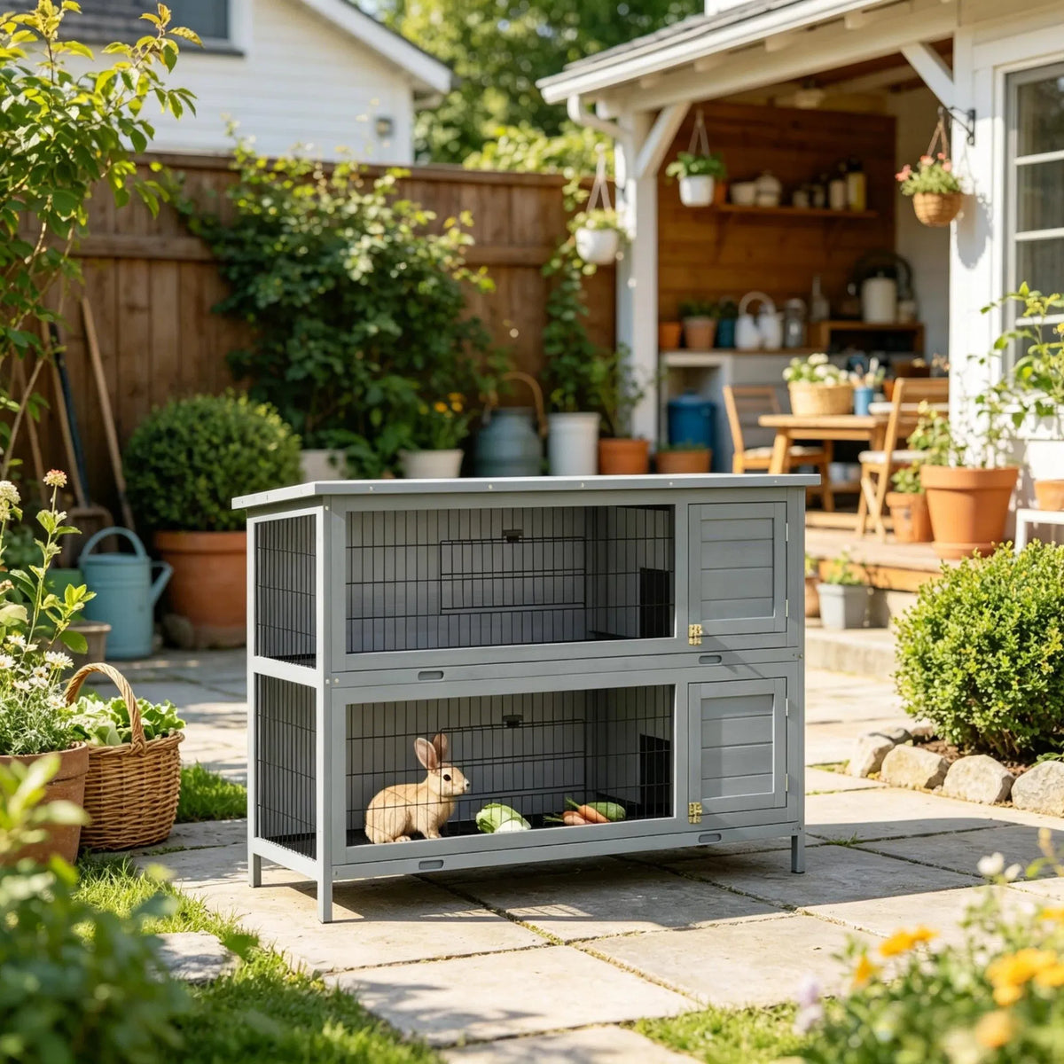 54" 2-Story Large Rabbit Hutch, Bunny Cage, Wooden Pet House, Small Animal Habitat, Gray with Lockable Doors, Tray, Roof - view 4
