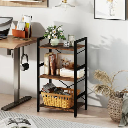 4-Tier Industrial Bookshelf (Rustic Brown+Black), Heavy-Duty Metal Frame & X-Shaped Braces - view 4