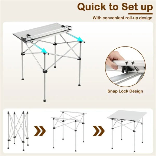 Silver 28" Foldable Camping Table With Aluminum Top, 150 Lbs Capacity Portable Picnic Table With Carry Bag - view 2