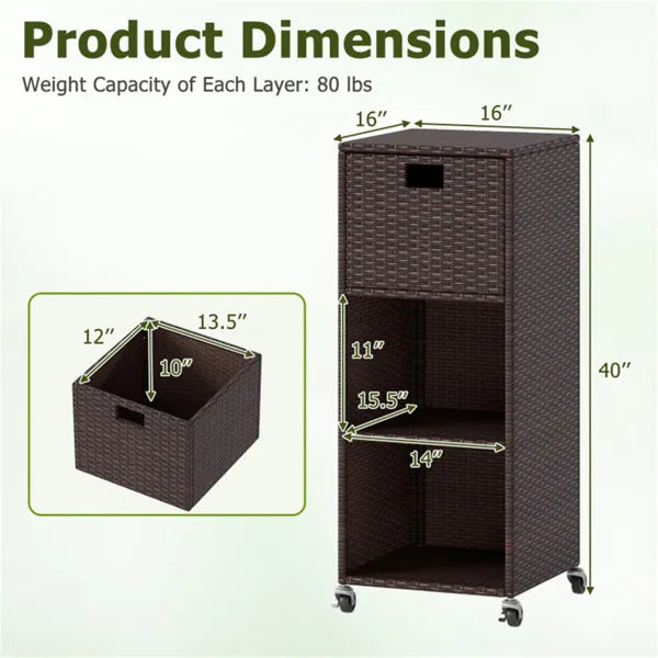 Mix Brown PE Rattan Outdoor Storage Cabinet, 3-Shelf With Removable Drawer & Lockable Wheels - view 4