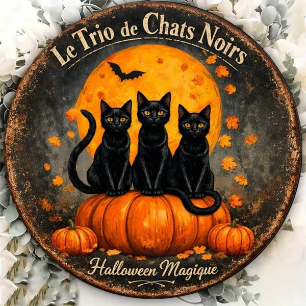 1pc 2D Flat Round Sign 8x8 Inch, Flat Round Sign 8x8 Inch, Sign 8x8 Inch, Three Black Cats Vintage Plaque