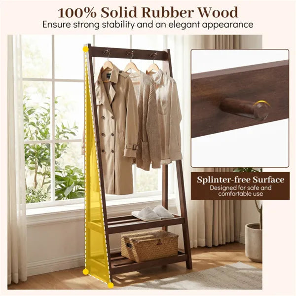 100% Solid Rubber Wood Freestanding Coat Rack, A-Frame Stable Garment Hanger With 3 Hooks & 2 Shelves - view 3