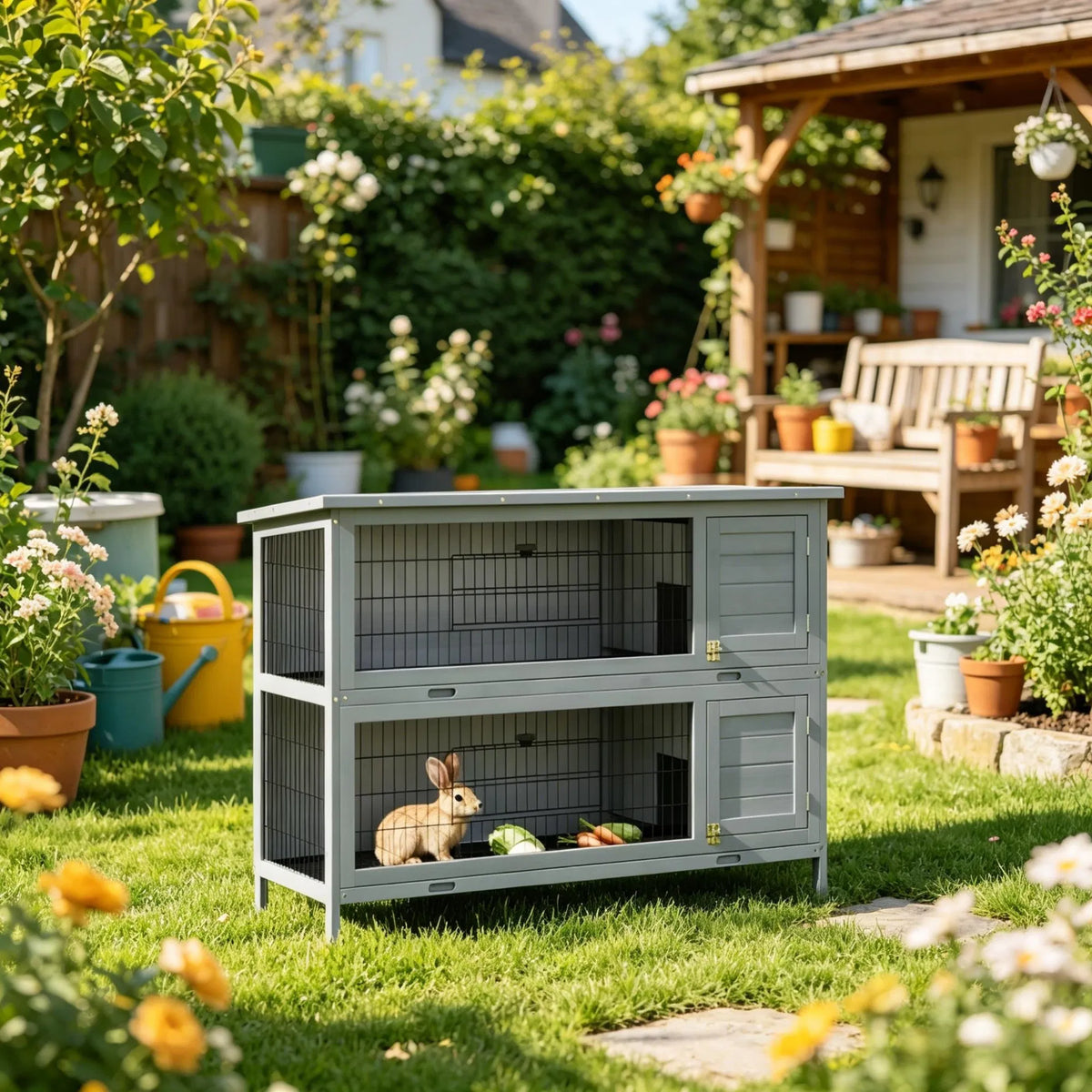 54" 2-Story Large Rabbit Hutch, Bunny Cage, Wooden Pet House, Small Animal Habitat, Gray with Lockable Doors, Tray, Roof - view 2