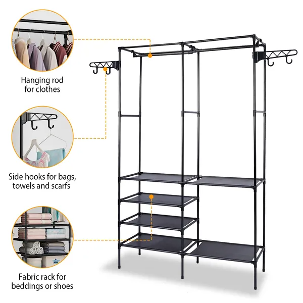 Metal Garment Rack Shoe Clothing Organizer Shelves Freestanding Multifunctional Clothes Wardrobe - view 4