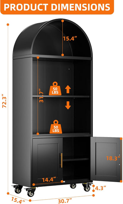 Metal Arched Bookcase With Wheels, Modern Freestanding Black Arch Storage Cabinets For Home Office Bookshelf Living Room - view 5