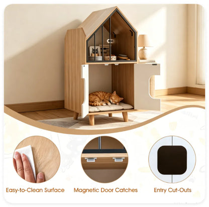 Natural & White Hidden Cat Litter Box Furniture, Elevated Cat Lounge Top Enclosed Cat Washroom Cabinet with Raised Legs - view 9
