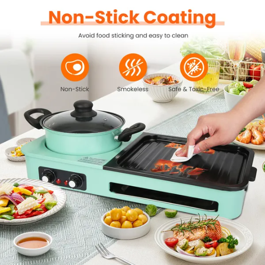 Electric Grill And Hot Pot Combo - 1600W Smokeless Korean BBQ Grill With Dual-Zone Cooking Non-Stick Surface & - view 5