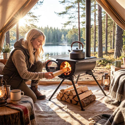 Portable Foldable Wood Burning Tent Stove With 5 Sections Chimney, Heavy Duty Carbon Steel Camping Stove With View - view 5