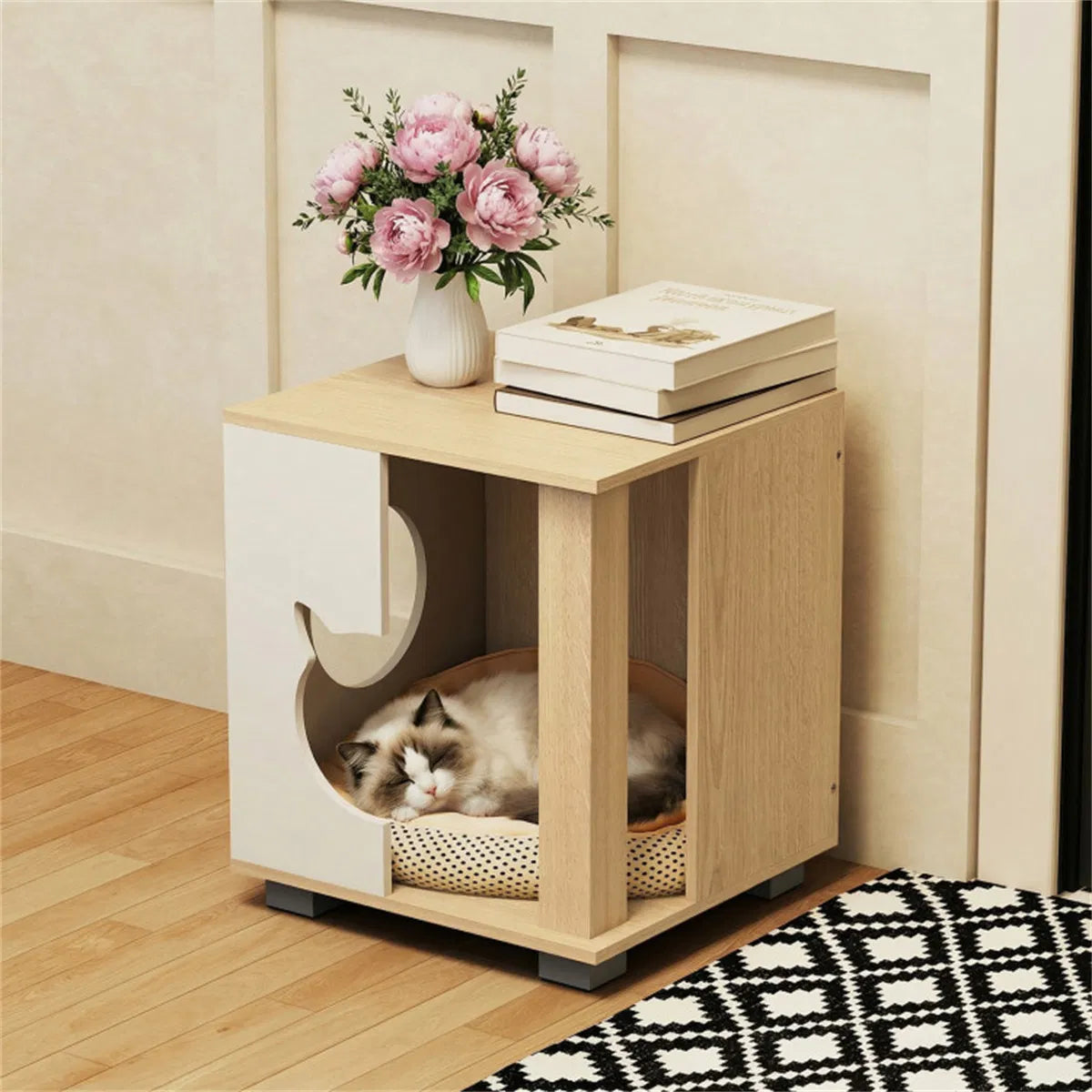 Multipurpose Wooden Cat House Nightstand, Sturdy Metal Base Anti-Slip Pet Furniture - view 2