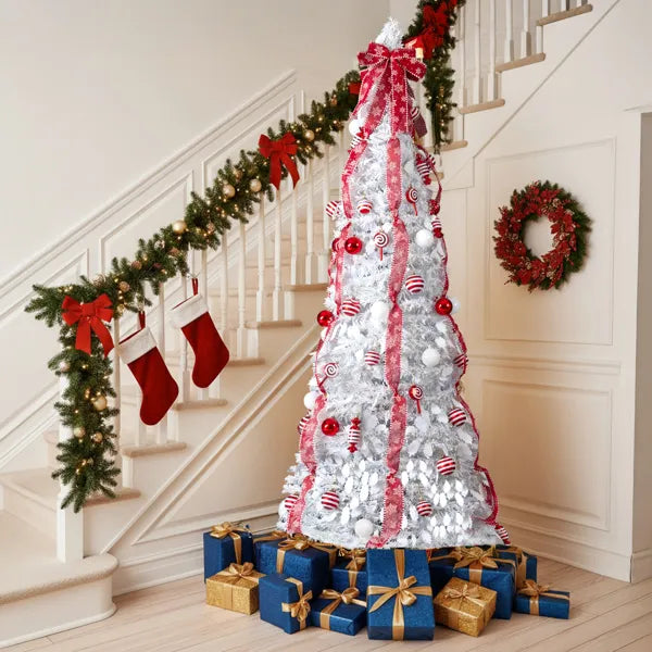 7 FT Fully Decorated Pre-lit Christmas Tree, Pop Up Artificial Xmas Tree With 170 Warm Lights And Red Ornaments - view 3