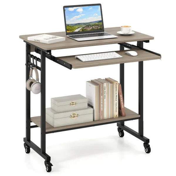 Gray Mobile Computer Desk With Keyboard Tray & Storage Shelf, 360 Lockable Casters For Home Office - view 2