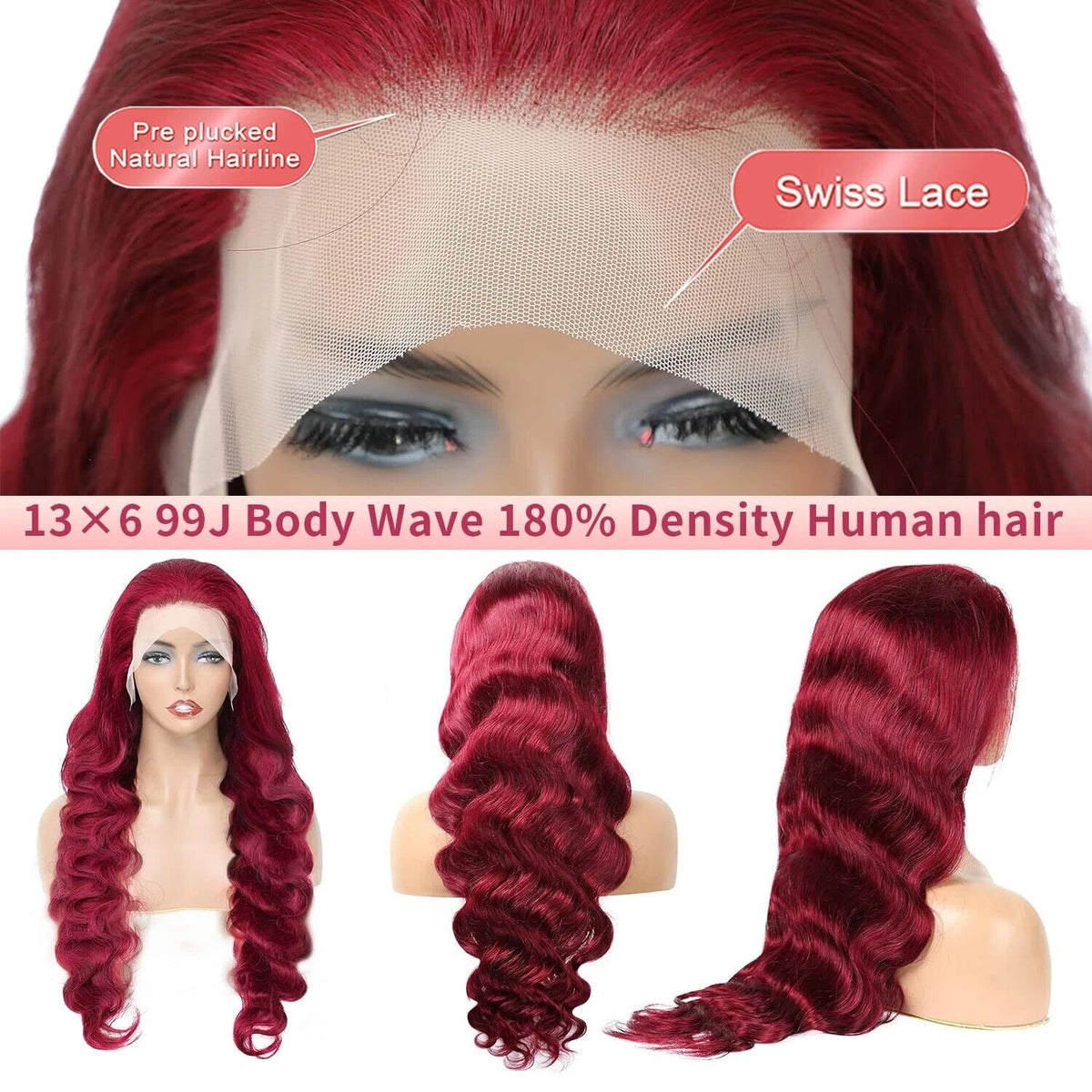 13x6 Lace Front Human Hair Wig Burgundy Red Body Wave, Density, 22 Inches - view 4