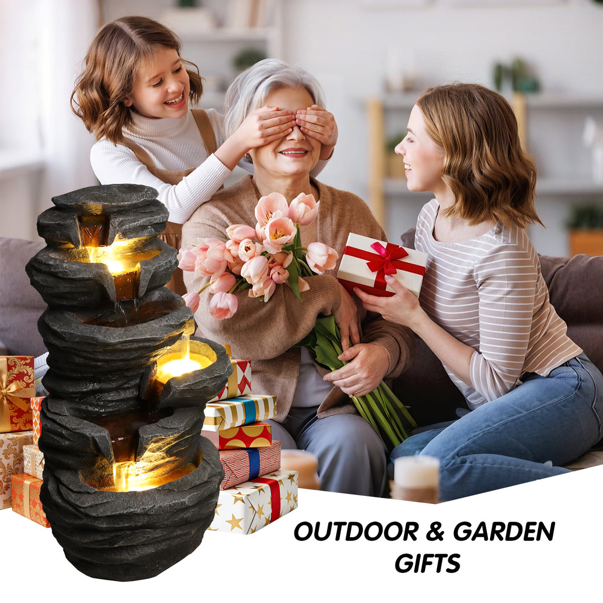 Outdoor Waterfall Fountain With Lights Stacked Rock Cascading Water Feature Resin Garden Decor For Patio Yard Porch - view 8