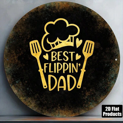 1pc 2D Flat Round Sign Best Flippin Dad Retro Plaque, "Retro Plaque, 8x8in Kitchen Barbecue Decor" Decor