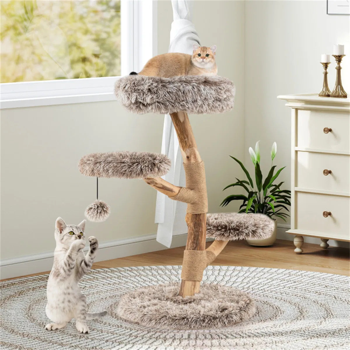 4-Level Natural Pear Wood Cat Tree - 19.5" x35.5", Jute Scratch Posts + Plush Ball, Long Plush - view 6