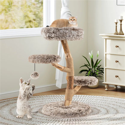 4-Level Natural Pear Wood Cat Tree - 19.5" x35.5", Jute Scratch Posts + Plush Ball, Long Plush - view 6