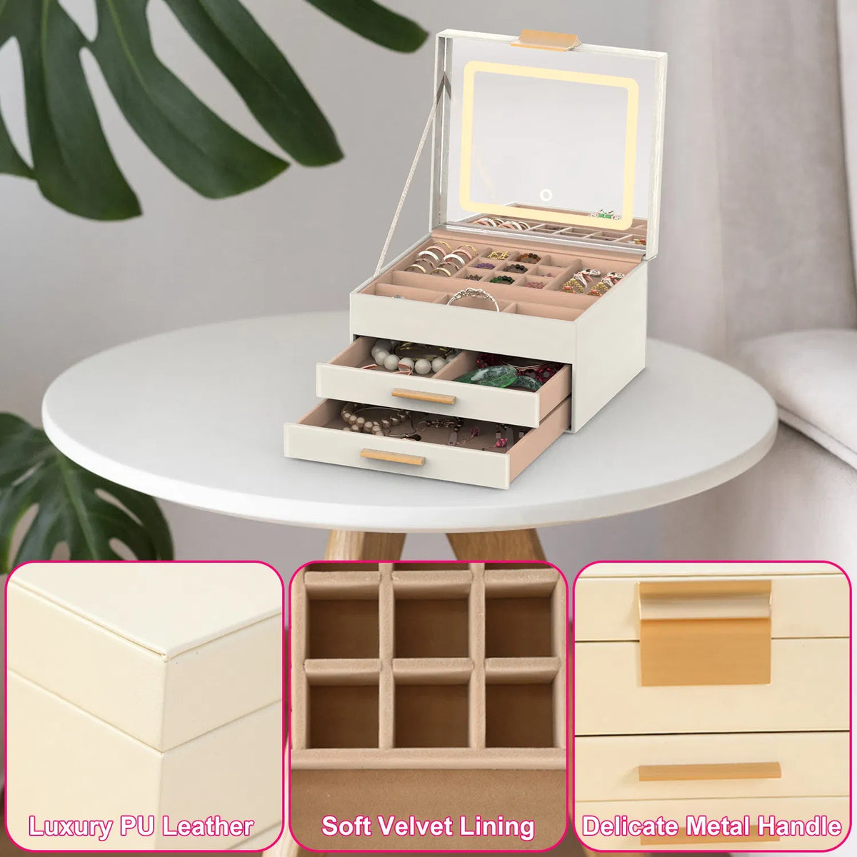 Jewelry Box With LED Mirror 3-Layer Jewelry Organizer With 2 Drawers PU Jewelry Holder With 3 Mirror Light Colors - view 4