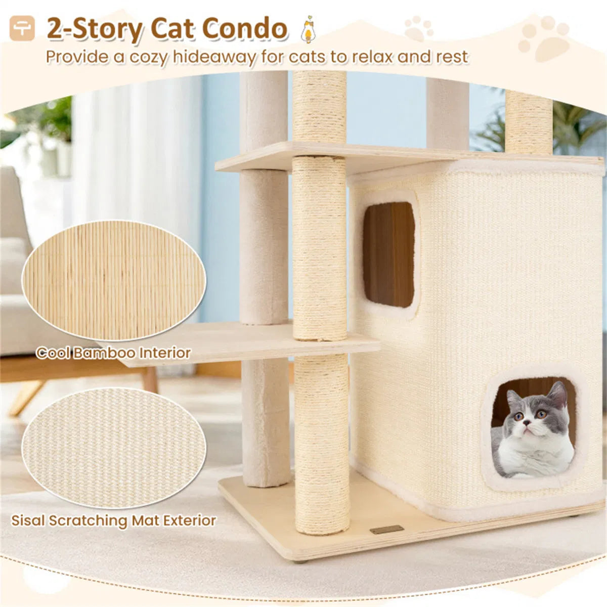 63" Wooden Cat Tree - 2-Story Condo with Bamboo Interior, 5 Sisal Scratching Posts, 44 lbs Per Layer Capacity - view 3