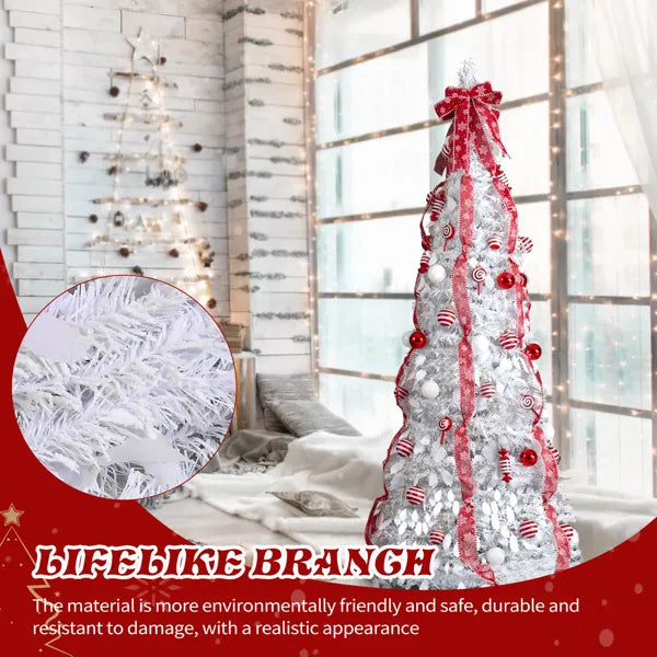 6 FT Fully Decorated Pre-lit Christmas Tree, Pop Up Artificial Xmas Tree With 100 Warm Lights And Red Ornaments - view 3