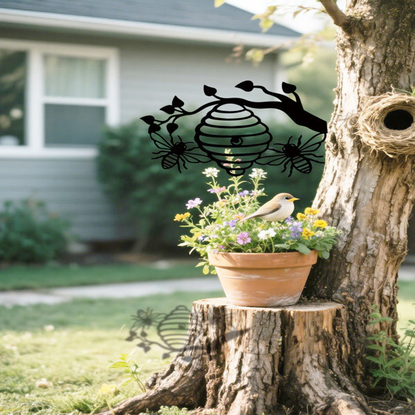 Sunny Yellow Honeycomb Iron Wall Art Outdoor Bee And Tree Silhouette Garden Hanging Decor For Patio Yard Backyard - view 3