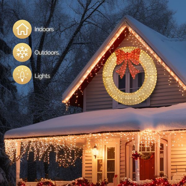 60in Pre-Lit Outdoor Christmas Wreath Decoration, LED Metal Holiday Decor For Home Exterior, Garden W 400 Lights, Bow - view 3