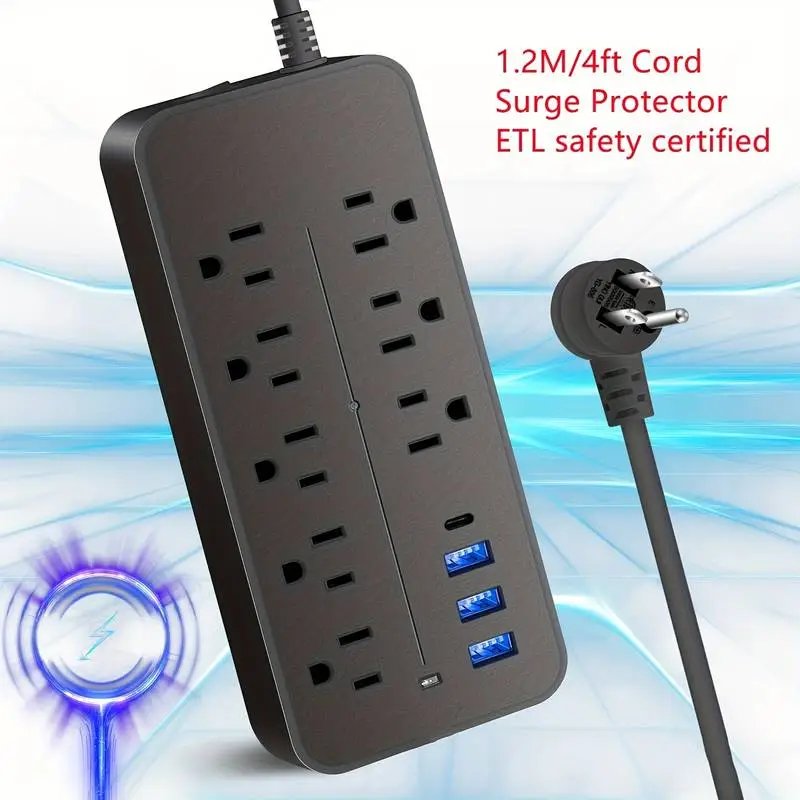 Regleta con protector de picos — 8 tomas + USB