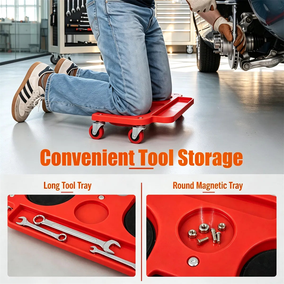 Red Rolling Knee Creeper with EVA Foam Cushioned Pads, 300 LBS Capacity Garage Knee Dolly with Magnetic & Long Tool - view 7
