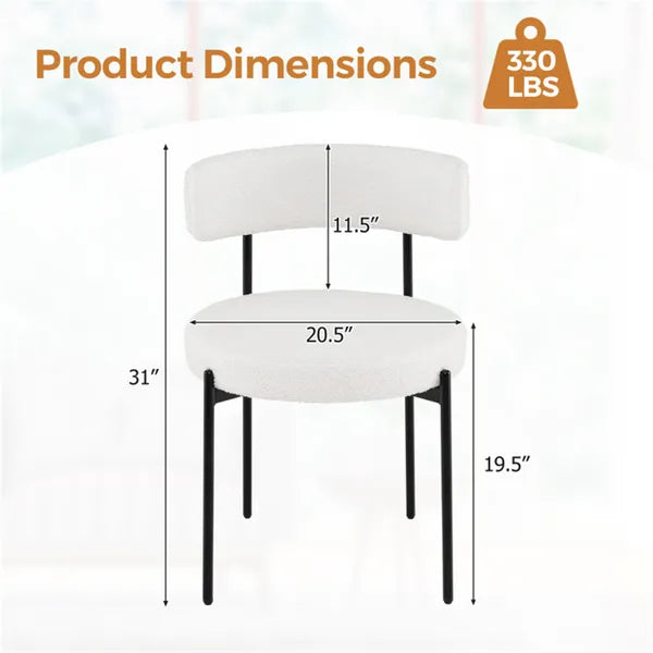 2 PCS White Sherpa Upholstered Dining Chair, Ergonomic Curved Backrest & Wide Round Seat - view 3