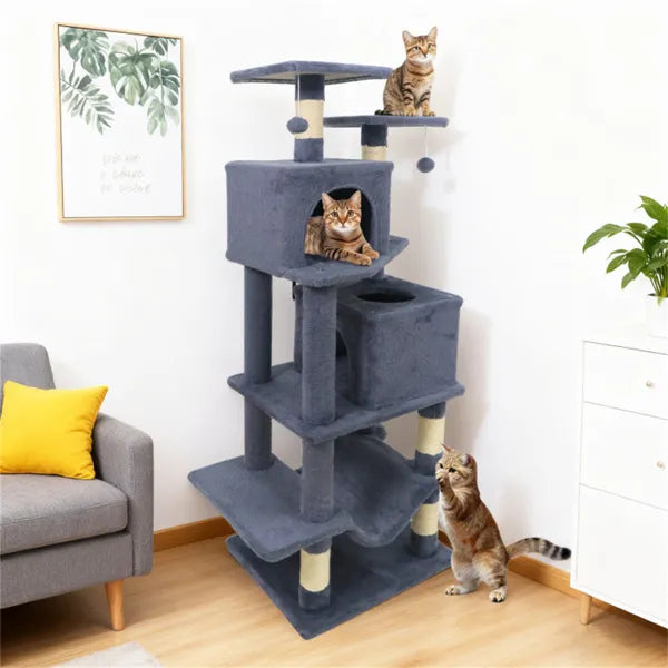 57" Multi-Level Cat Tree For Multi-Cat Households, 2 Condos & Hammock With Sisal Scratching Posts-Gray - view 4