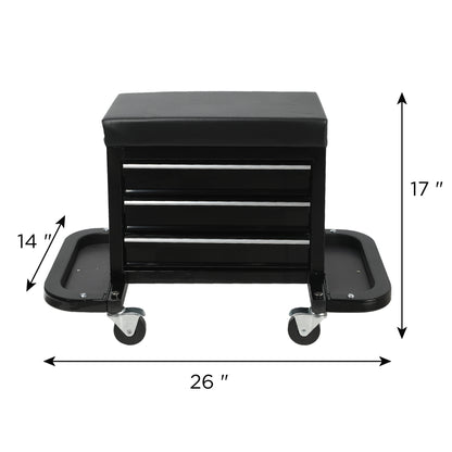 3-Drawer Tool Chest Rolling Mechanic Seat With Tool Trays,350lbs Max Weight Capacity,Black - view 7