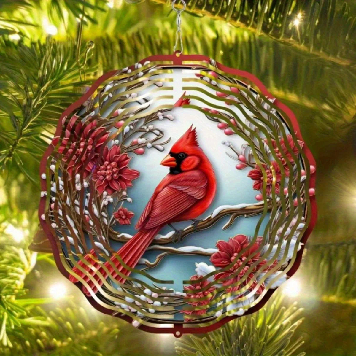 Vibrant Red Cardinal Wind Spinner with Mandala Wind Chime Garden Art Outdoor Patio Yard Decor - view 6