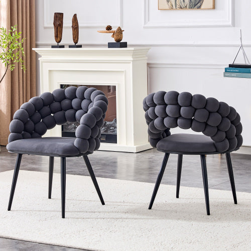 Set Of 2 Gray Puffy Bubble Chair Ball Chain Chair Velvet Dining Chairs With Black Legs - view 4